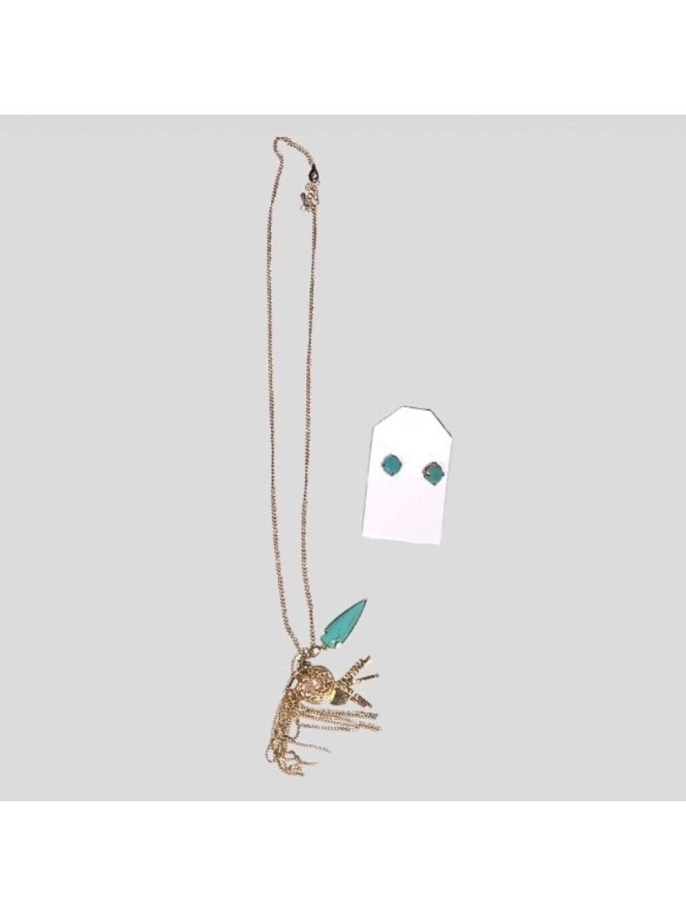 Gold Tone Turquoise Charm Necklace and Stud Earrings Set